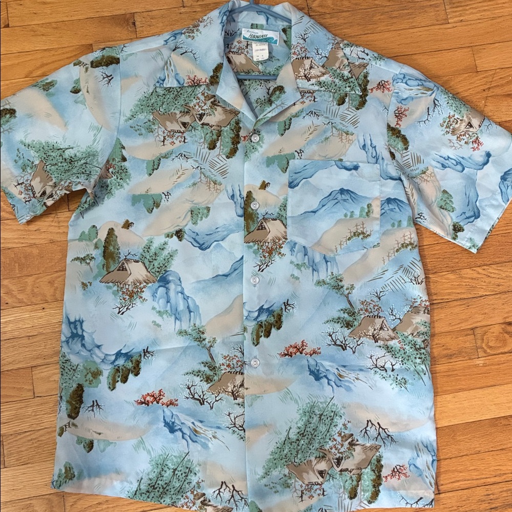 60s VINTAGE Penney’s Hawaii Light Blue Floral Motif Men’s Hawaiian Shirt